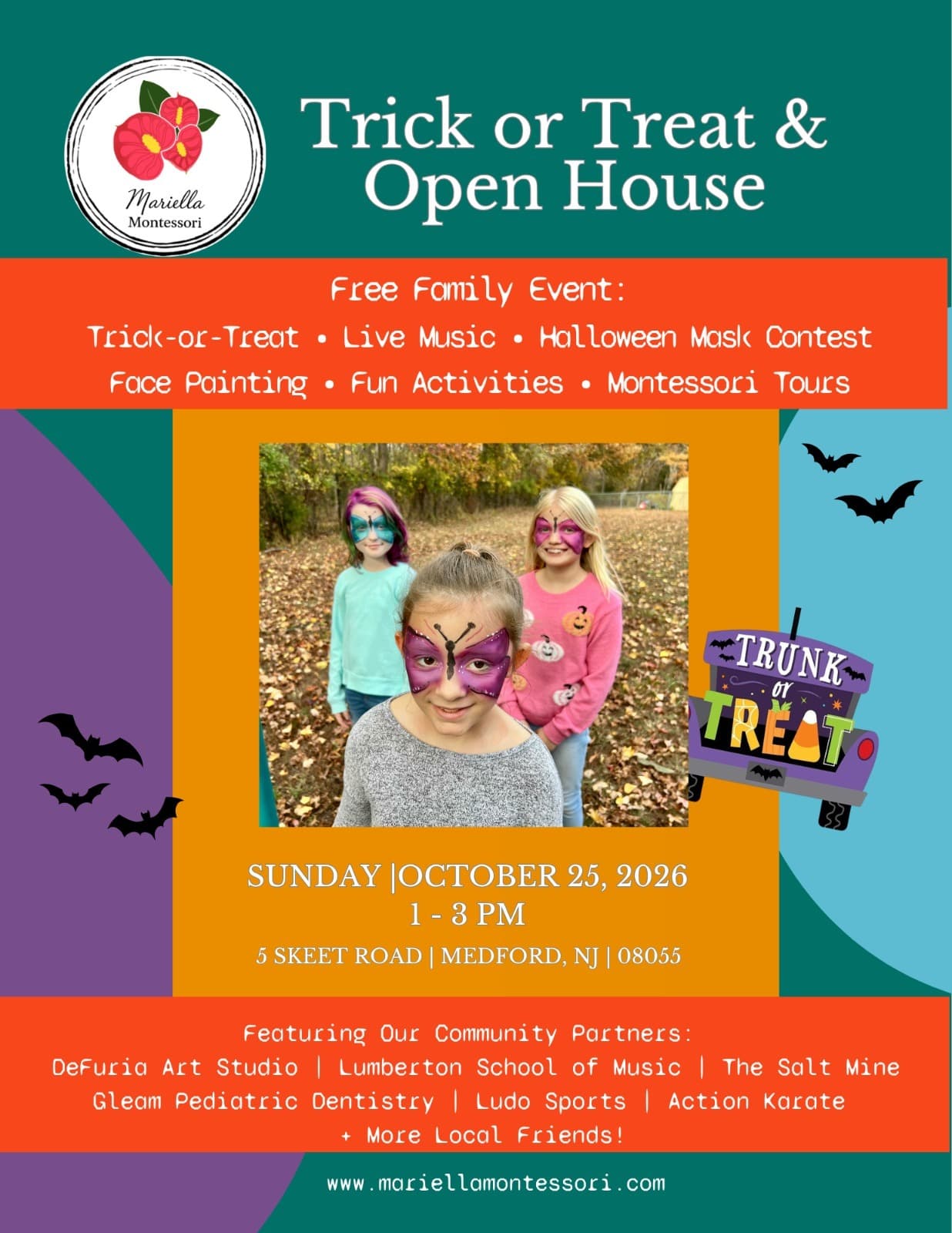 Trick or Treat & Open House flyer: Sunday, October 25, 2026, 1 - 3 PM at 5 Skeet Road, Medford, NJ